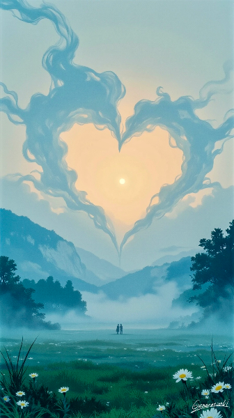 ハートの雲と寄り添うふたり／スマホ壁紙アーカイブ