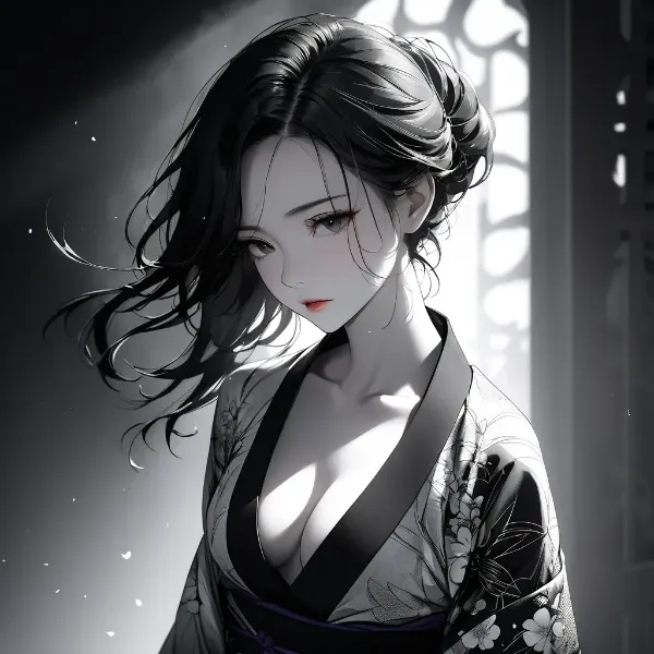 窓辺の黒髪美女