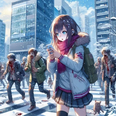 雪が散らつくゾンビが蔓延る近代的な大都市を大学生が友人とスマホなどで連絡を取り合いながらサバイバルするゲームのアニメのイラスト
