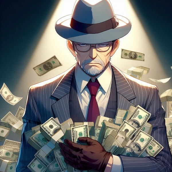 札束を抱える男