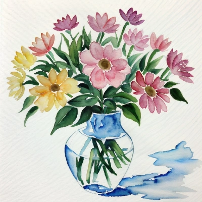 水彩画：花瓶にいけた花