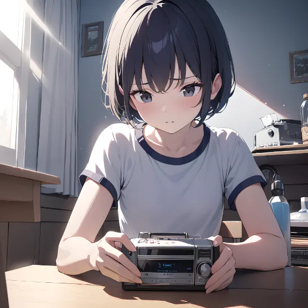 朝の部屋でラジオを操作する少女