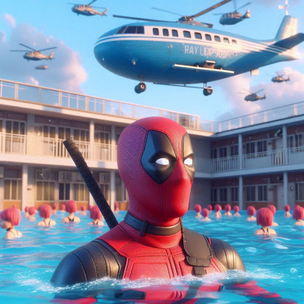 学校のプールで泳いでいるデッドプール