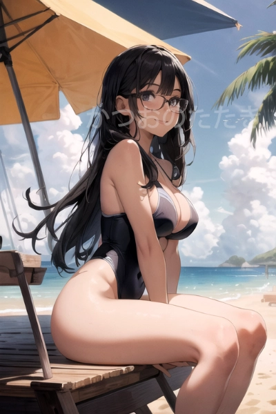 黒髪ロング眼鏡　水着