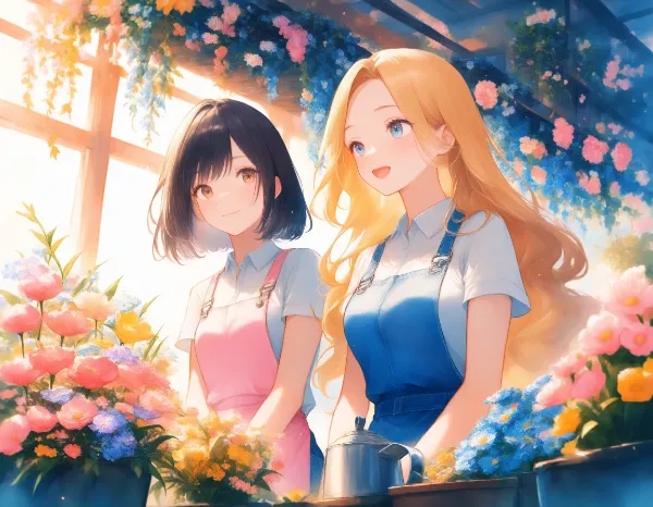 黒髪＆ブロンド・二人のお花屋さん