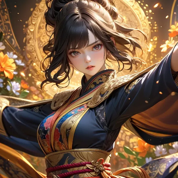 黄金の光に舞う花の少女