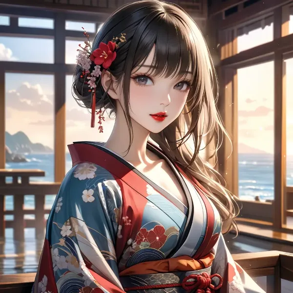 夕陽に輝く着物美人