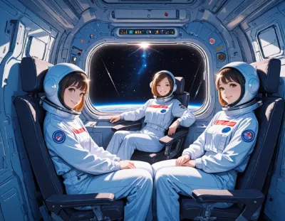 宇宙船の窓辺で地球を見つめる少女たち