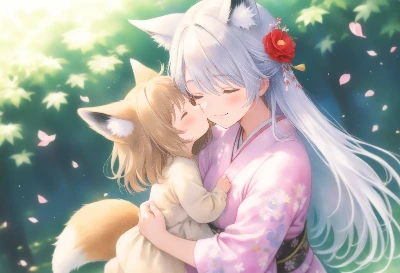 コン子とコン子ママ・ほっぺにチュッ