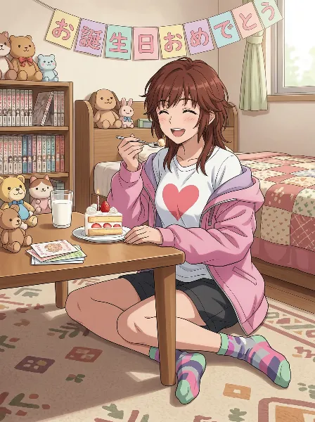 ケーキを美味しそうに食べている梨穂子さん