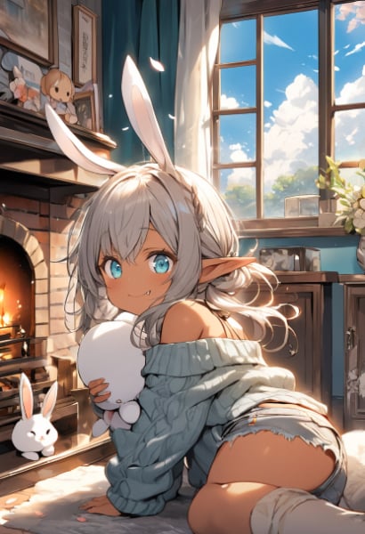 うさ耳エルフさんと暖炉とうさぎ？