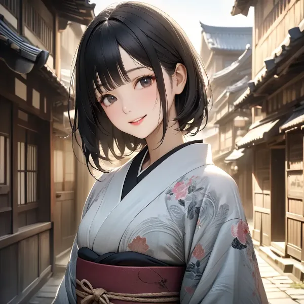 古都の路地に佇む着物少女