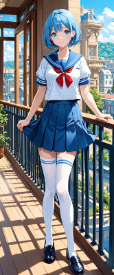 バルコニーで涼んでる青髪さん