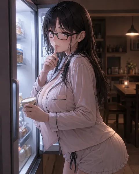 深夜の冷蔵庫で指を唇に