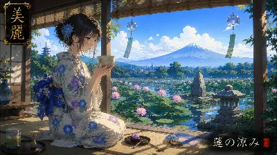 富士を望む蓮の池で過ごす夏の午後