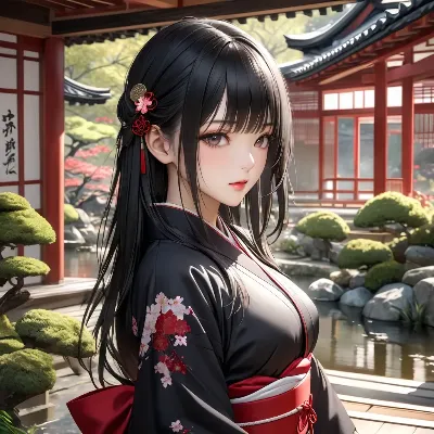 寺院の庭に佇む黒髪美女