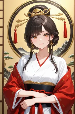 金飾り輝く白赤の和装少女