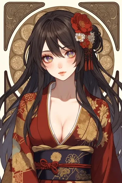 赤い着物の優雅な美女