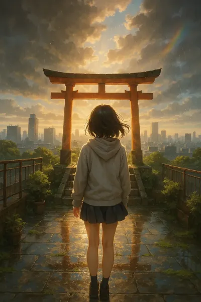 虹の鳥居に立つ少女の旅立ち