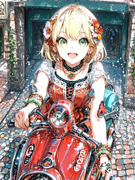 華咲く笑顔の少女と赤いベスパの旅