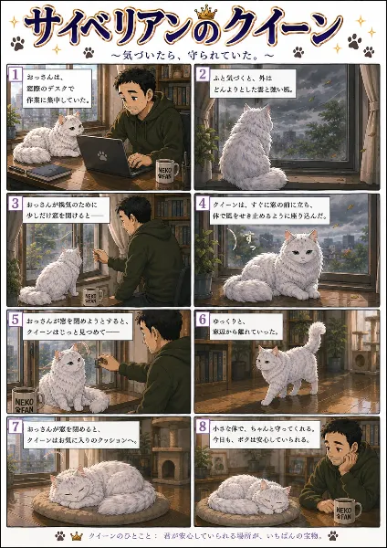 猫漫画コンテンツ6シリーズ  猫漫画6シリーズを投稿しています。  サイベリアンのクィーン 気づいたら、、守られていた  ちびキャラ ベビークイーン カーテンの向こうの大冒険  クイーンと無職のおっさん白き女王の守り ～嵐の夜に寄り添って～