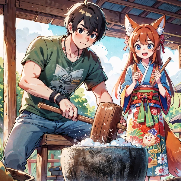 斎藤さんとコン子・餅つき