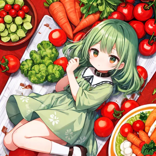野菜の森で眠る緑の少女(軽いのでトマトは潰れません)