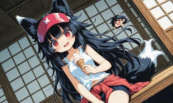 狐耳　黒髪　縁側