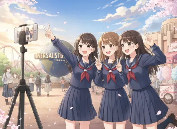 桜舞う遊園地でピース！