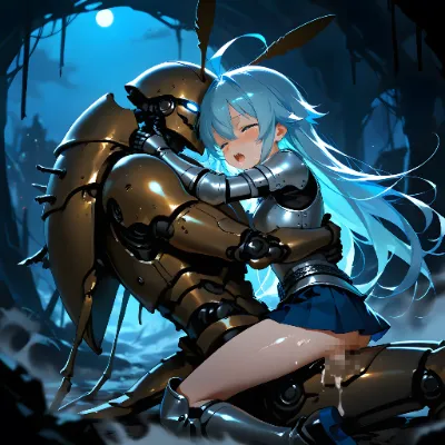 騎士の女の子達と洞窟の甲虫ベースメカモンスター