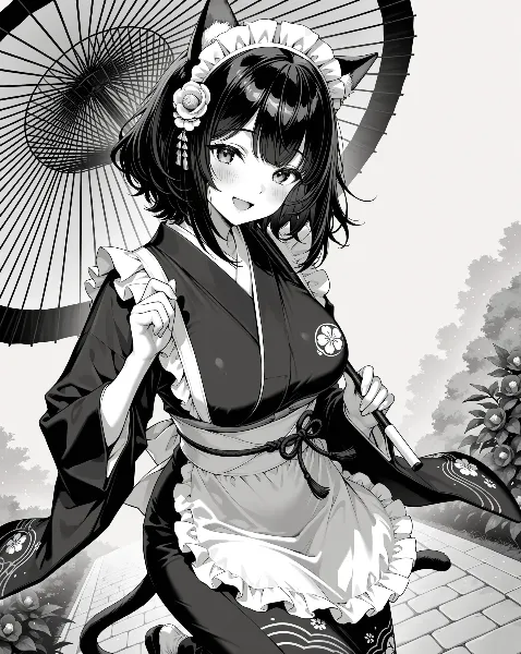 濡れた和傘と猫耳メイド