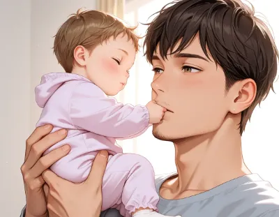 小さな拳が触れる父子の朝