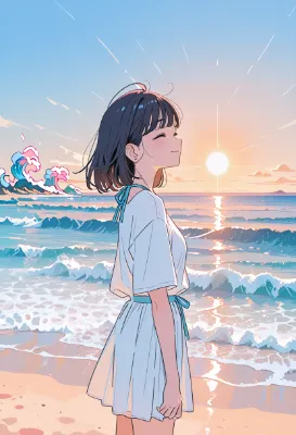 夕陽の海で微笑む、少女の夏の記憶