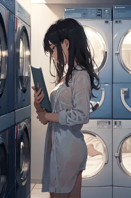 深夜の雨、コインランドリーで濡れた服を乾かす雨宿り