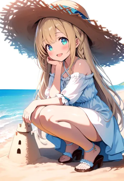 【ソフィ】サマーワンピース姿のお嬢様、砂のお城を築城す。