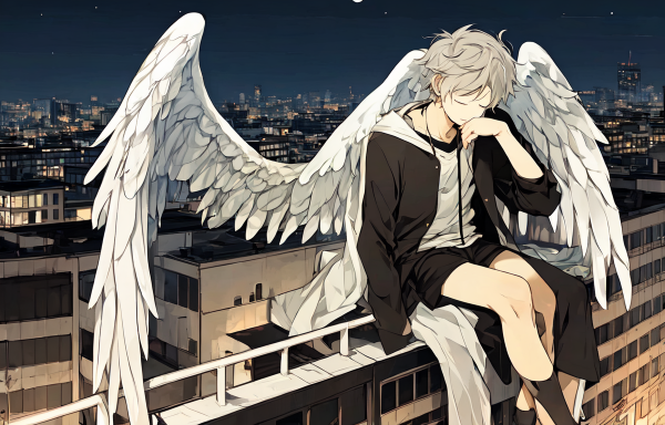 ビルの屋上で眠る巨大天使