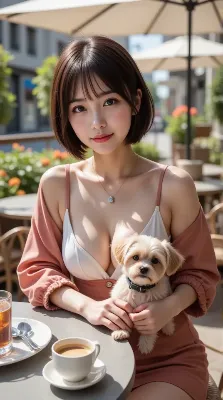 子犬と過ごす街角カフェの午後