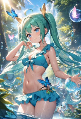 楽園で水遊びをするミクちゃん