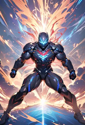 爆発する光を背に立つ鋼の戦士