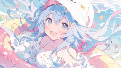 虹色の浮き輪で夢見る夏の少女
