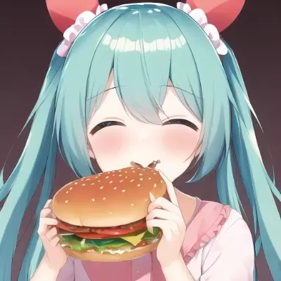 ハンバーガーを美味しそうに食べるミク