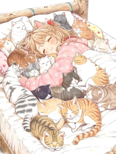 猫たちに囲まれた甘い眠り。