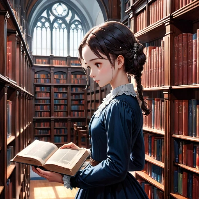図書室で本を探す若い女性