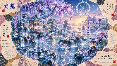 水の縁に輝く、紫の幻宮
