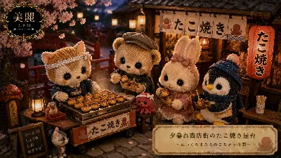 夕暮れのたこ焼き屋台でぬいぐるみたちのほっこり時間