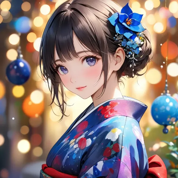 青い着物の優しい微笑み