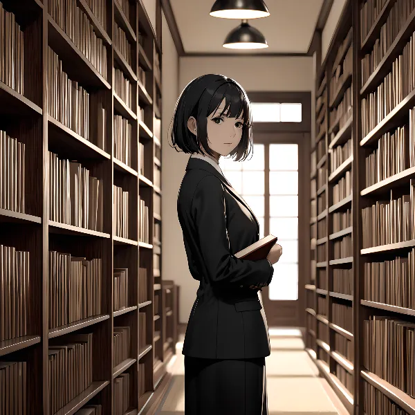 図書館で資料を探す厳格な服飾デザイン教授