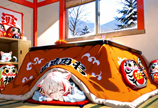 雪窓辺のコタツ猫娘のまどろみ