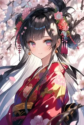 桜の中で微笑む着物少女
