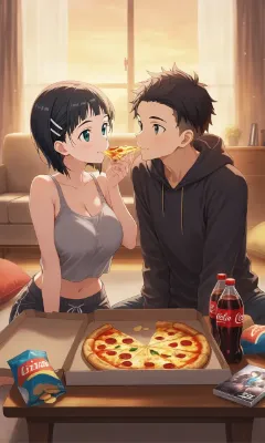 ピザを分け合う夕暮れ